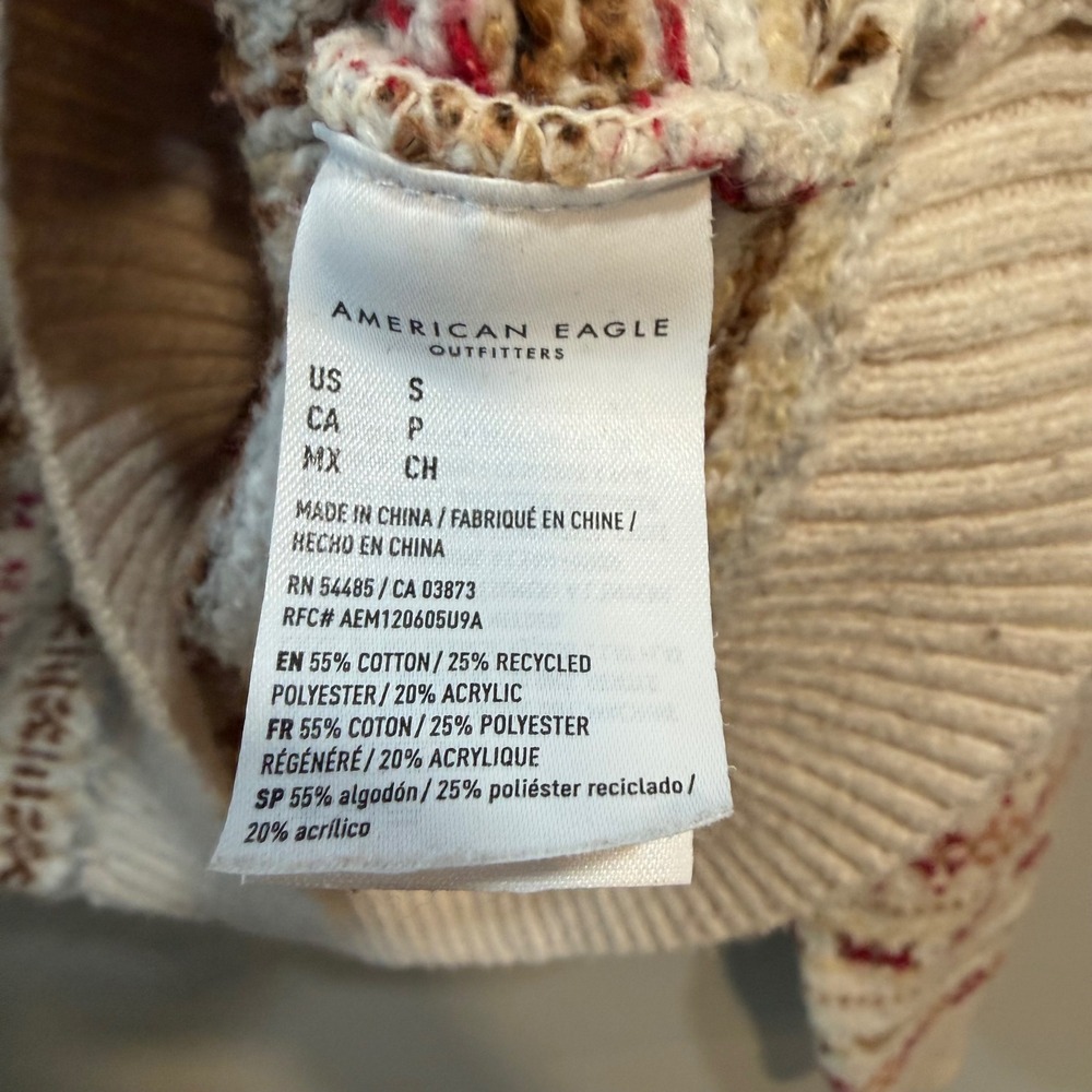 American Eagle Womens Fair Isle Crewneck Sweater Cream Tan Red Knit Small 407 - Picture 5 of 7